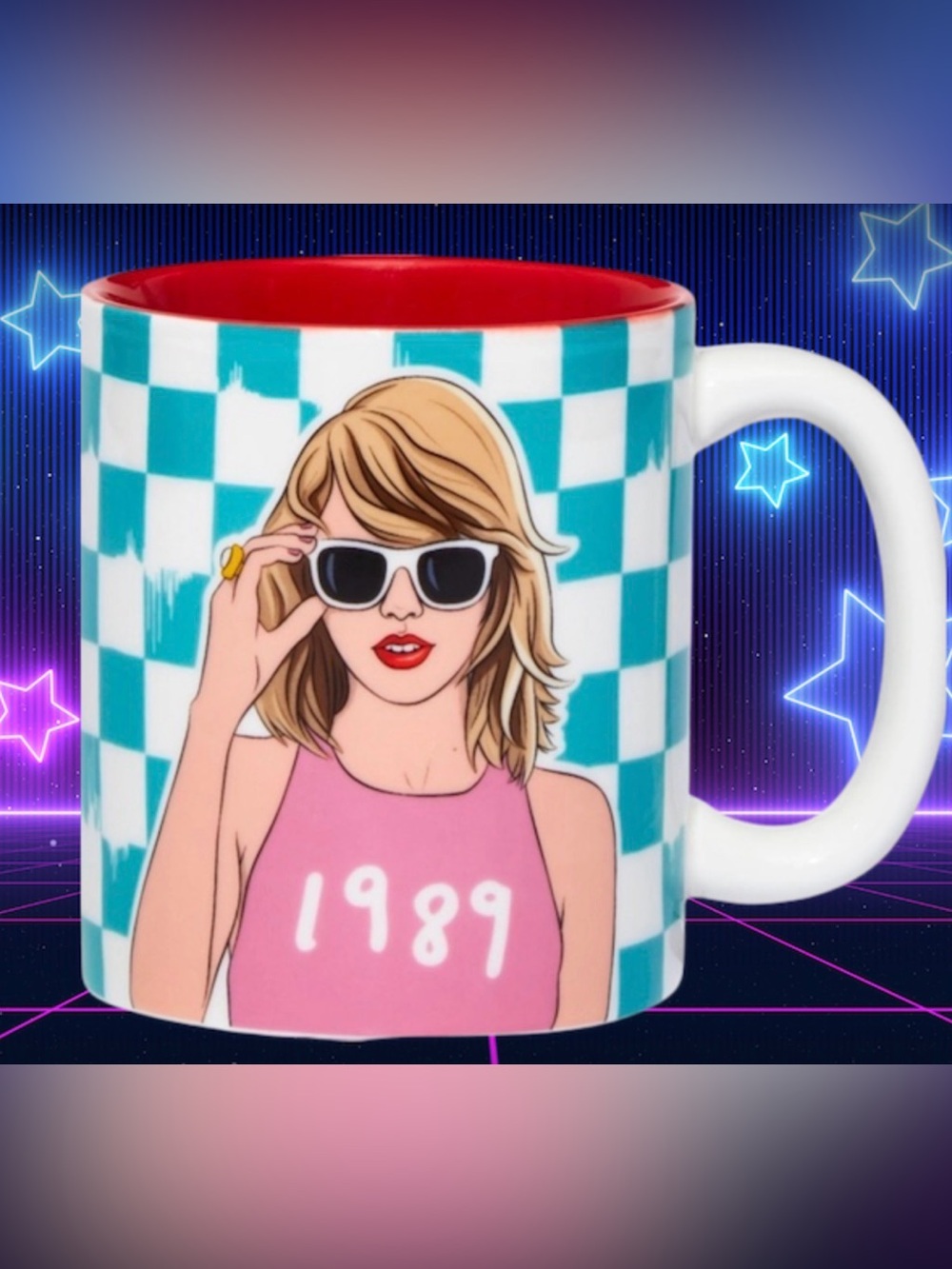 🌟 Taylor Swift 1989 BIRTHDAY 🎁 Pop Art Ceramic Mug  ☕️ Pink & Teal 2 sided EUC
